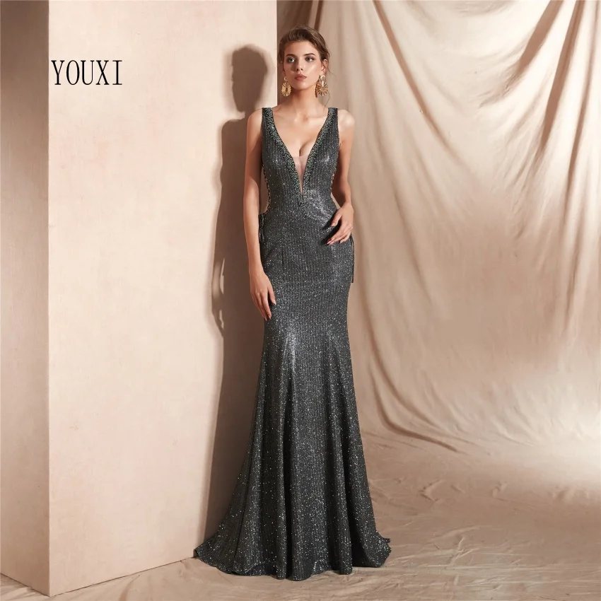 

Sexy Deep V-Neck Mermaid Evening Dresses 2019 New Arrivals Formal Gray abendkleider abiye gece elbisesi robe de soiree longue