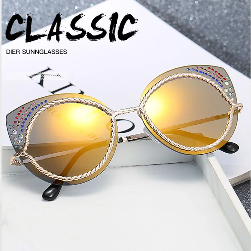 Мода металлический каркас негабаритных солнцезащитные очки женские брендовые дизайнерские алмаз кошачий глаз солнцезащитные очки