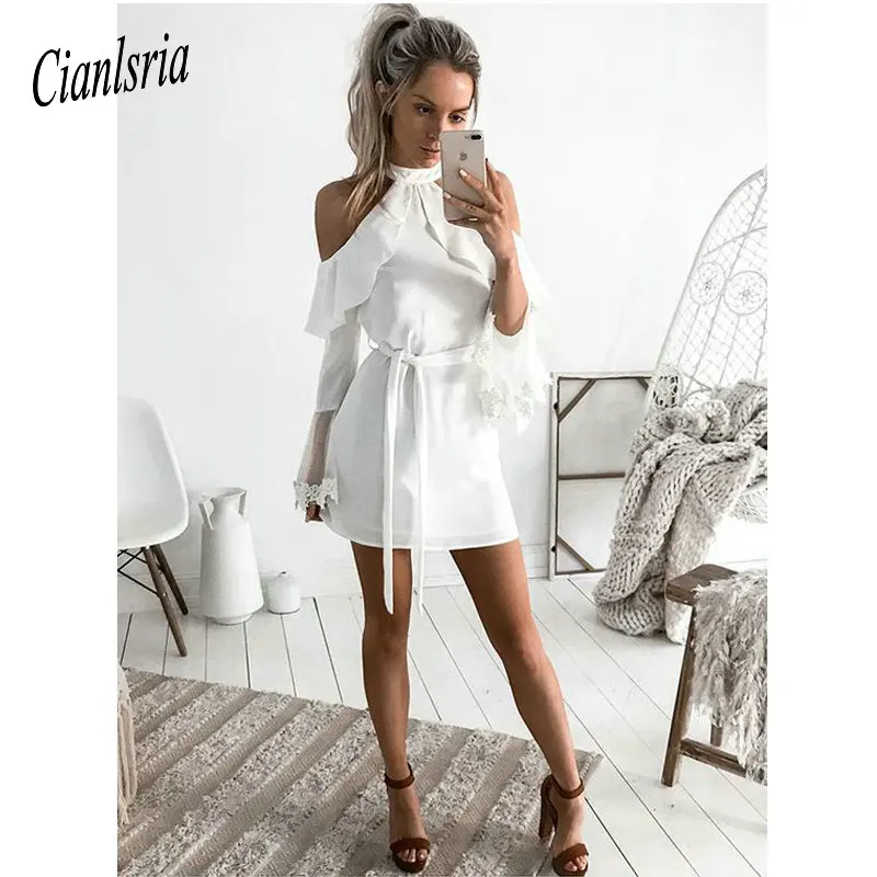 

2019 Sheath Jewel Long Sleeves White Short Homecoming Dress with Ruffles Sash