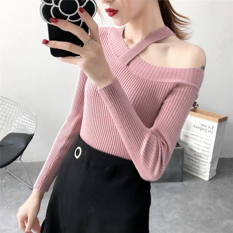 

Irregular Neck Halter Knitted Sweater Female Casual Pullover Women Autumn Winter Tops Korean Sweaters Fashion 2019 Women Sweater