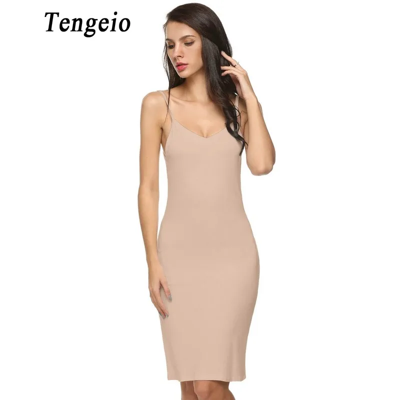 Tengeio 2018 Women Sexy Strap Full Slips dress Long Underdress Sleeveless Plus Size Bodycon Bottoming Straight Petticoat Femme