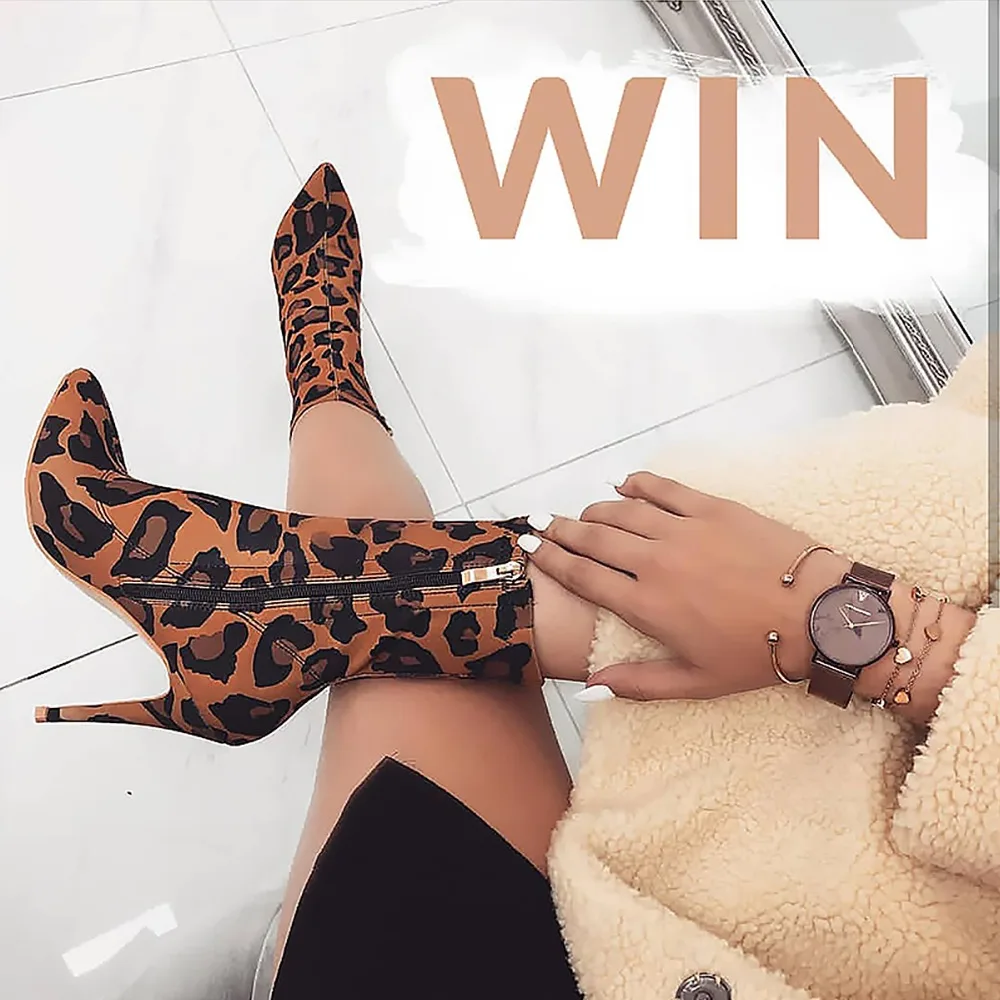 Stylets Cheville Tissu Pointu Femme Chaussures Imprimé Sianie Bout Stretch Bottes Hauts Minces Sexy Talons Chaussons Tianie Leopard Léopard De Mode TqxExOaB8