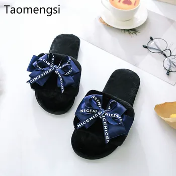 

Taomengsi butterfly hair slippers, winter indoor flat bottomed anti slip toe toe black slippers SIZE 35-40