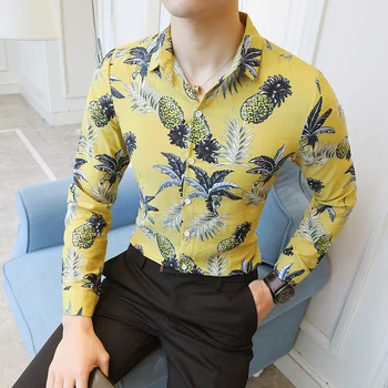 

2019 New Men's Fashion Boutique Printed Casual Long-sleeved Shirt / Pineapple Flower Male Leisure Long Sleeve Shirts Size M-5XL