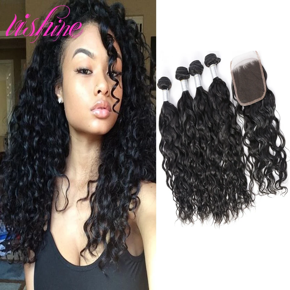 4 Bundles Brazilian Water Wave Virgin Hair With Closure Curly Human Weave |