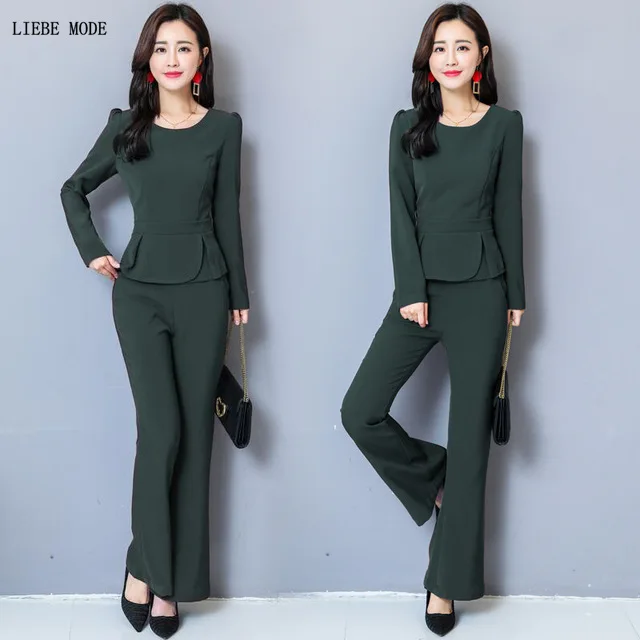 

2 pcs Top and Pant Set for Women Two Piece Crop Top and Pants Office Ladies Formal Pants Suit OL Slim Pantsuit Black Green Red