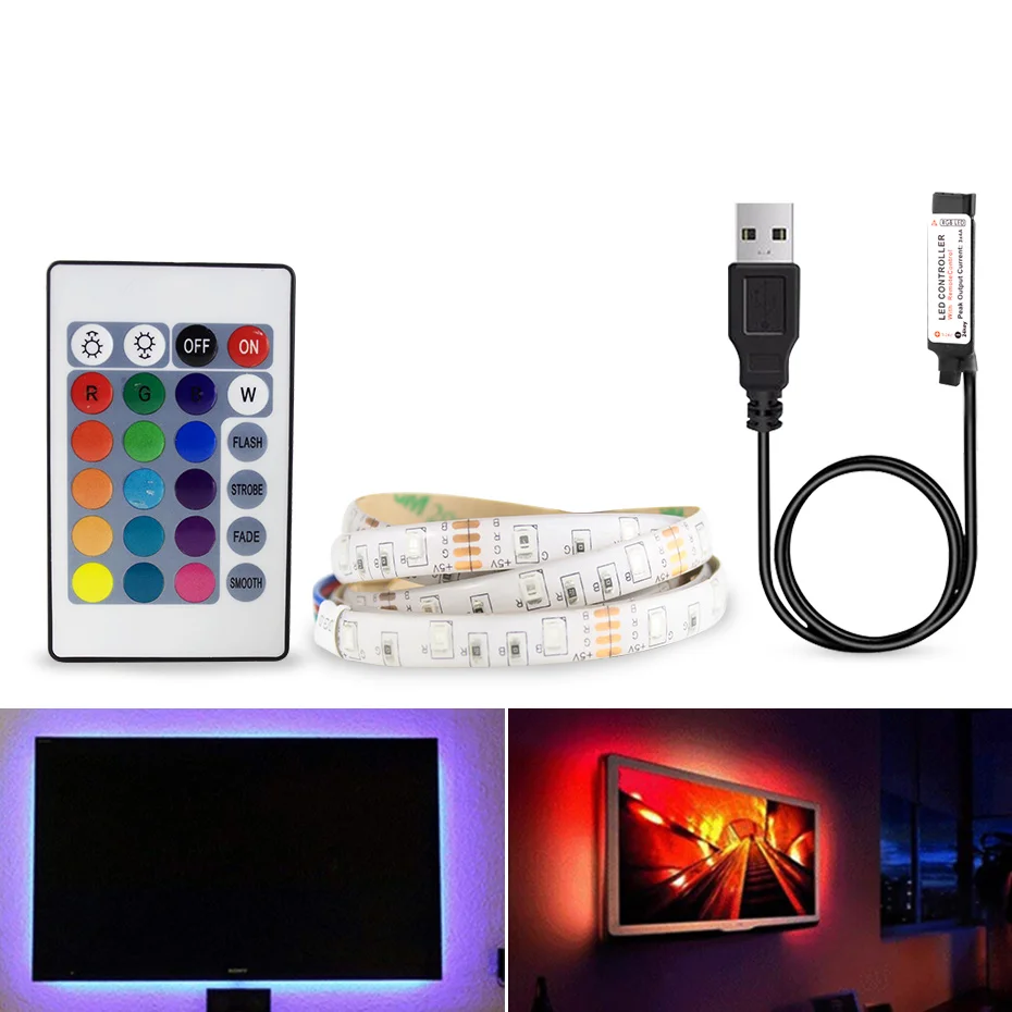 #cheap 2835 SMD RGB USB charger LED Strip light DC 5V USB Cable LED Light lamp Flexible Tape 1M 2M 3M 4M 5M RF IR RGB Remote control
