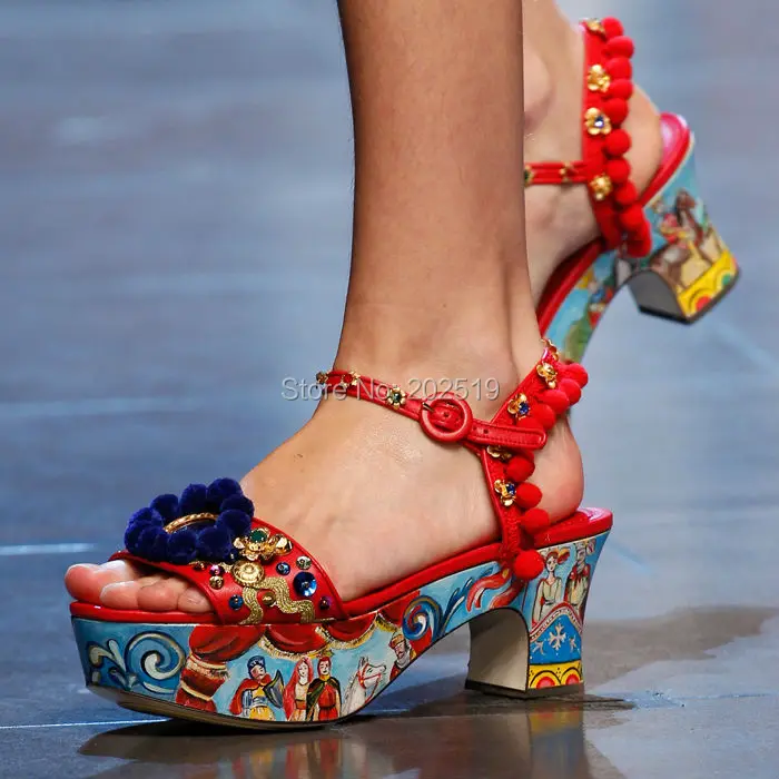 

2016 Printing Gladiator Sandals Women Pumps Luxury Flowers Platform Shoes Woman Buckles High Heel Pom Pom crystal Sandals