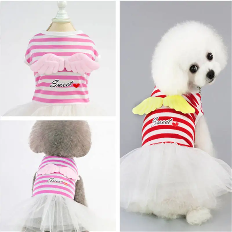 

2019 New high quality red pink breathable fashion cute pet dog bow dress angel stripe skirt spring and summer