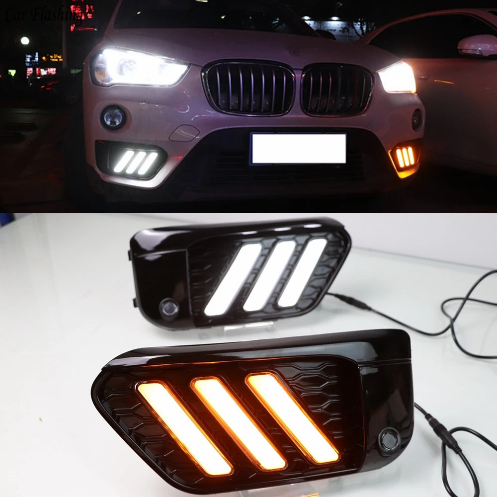 

Car flashing 2PCS LED DRL Daytime Running Light Daylights for BMW X1 F48 F49 2016 2017 2018 2019 With Yellow Turn Signal lamp