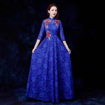 

Summer New Lace Women Long Cheongsam Half Sleeve Mandarin Collar Qipao Lady Business Formal Vintage Dress Vestidos Size S-XXL