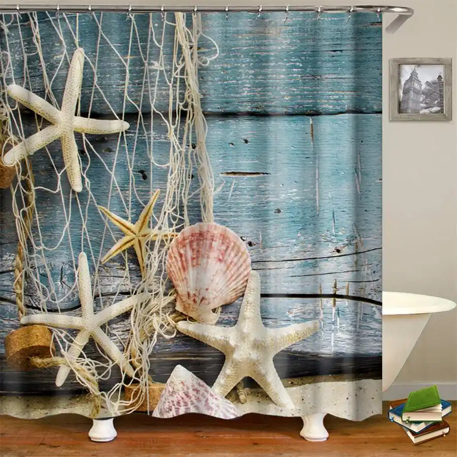 Nautical Beach Shower Curtain Fabric Summer Conch Starfish Shell Nautical Beach Shower Curtain Fabric