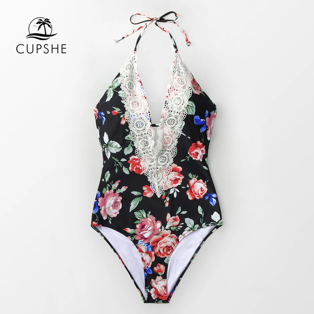 

CUPSHE Floral Print Crochet Lace Halter One Piece Swimsuit Women V-neck Monokini Swimwear 2019 Girl Beach Bathing Suits
