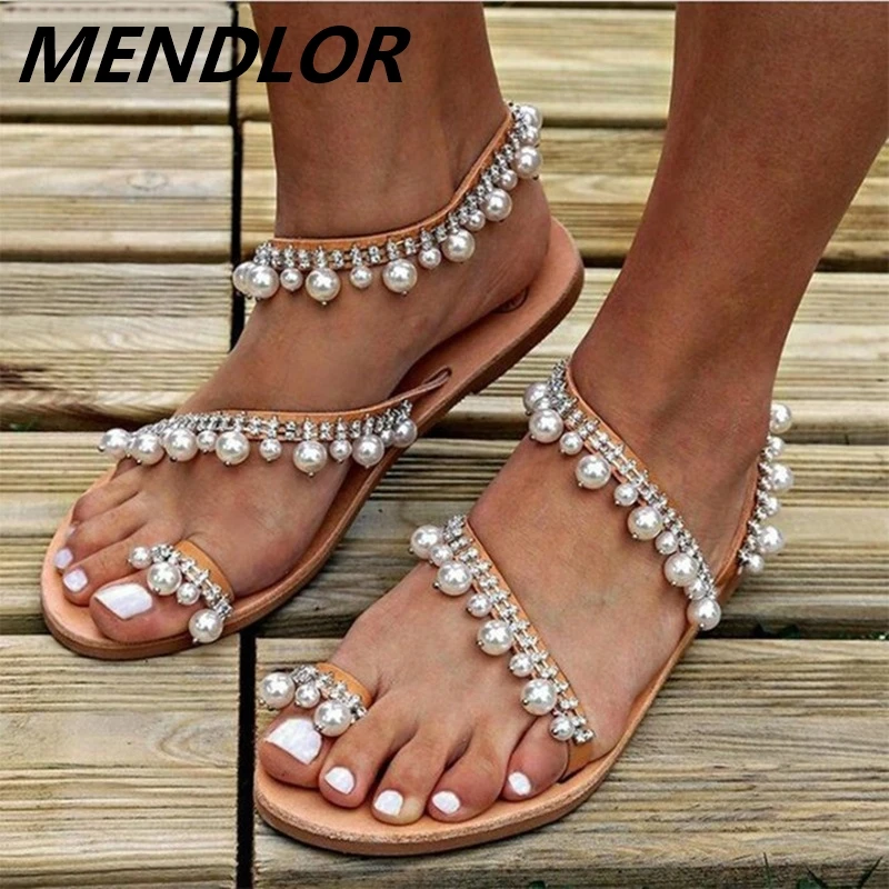 

Handmade PU Leather Pearl With Crystal Slip-on Flats Sandals Women pretty Rhinestone Clip-toe Gladiator Women Big Size Sandals