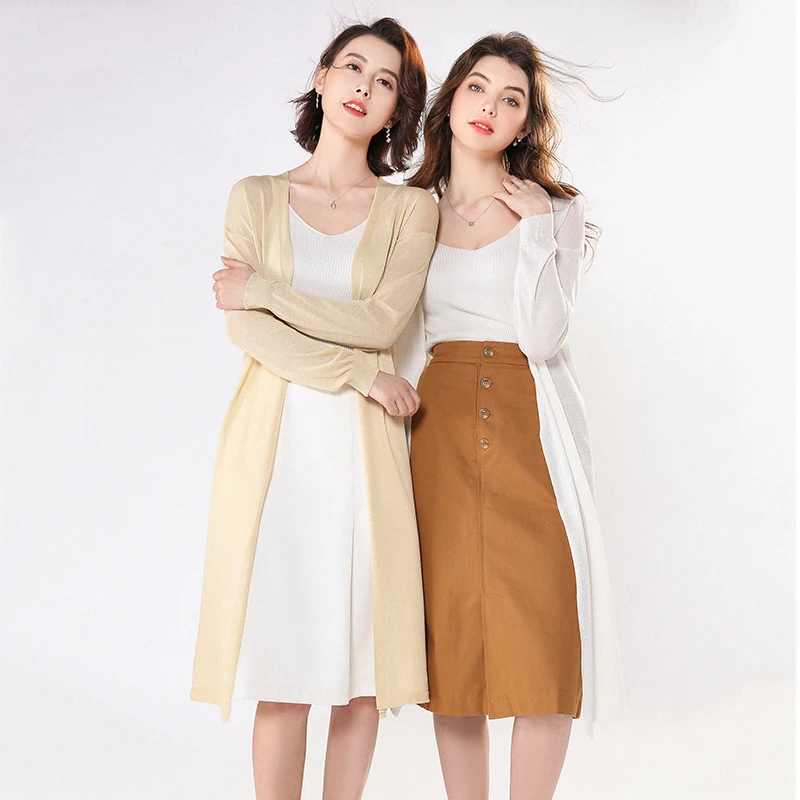 

Thin Silk Knitted Long Cardigan Summer Women Casual Cool Sweater Coat Long Sleeve Jacket Sun Protection Beach Kimono Cardigan