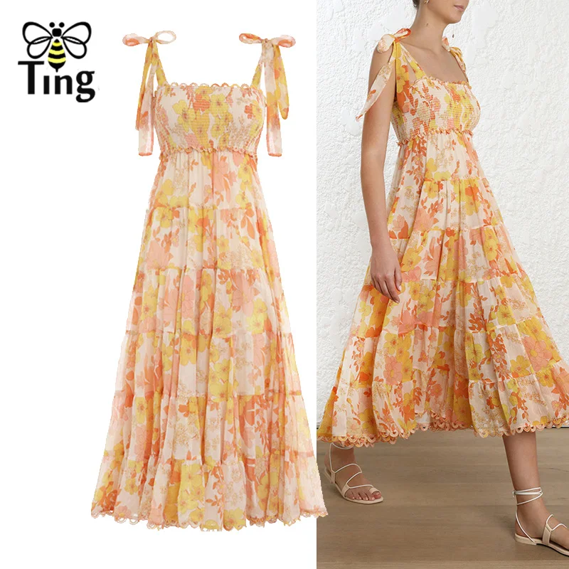 

Tingfly Summer Runway Designer Dress Women Sexy Bow Tie Lace Hollow Out Patchwork Casual Dresses Female Holiday Vacation Dress