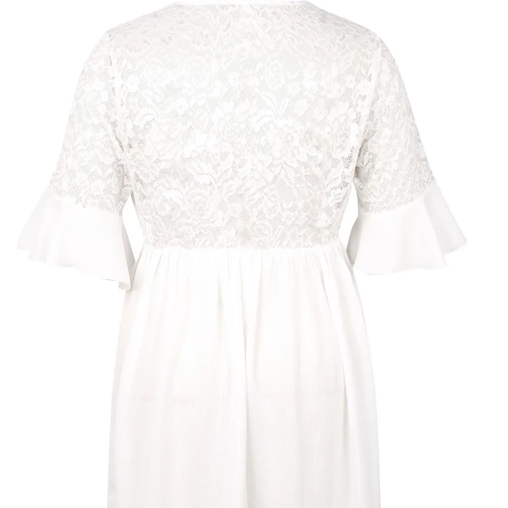 Страусиная мода, Взрывные модели, белое однотонное кружевное платье с v-образным вырезом большого размера, женское летнее платье большого размера с вышивкой