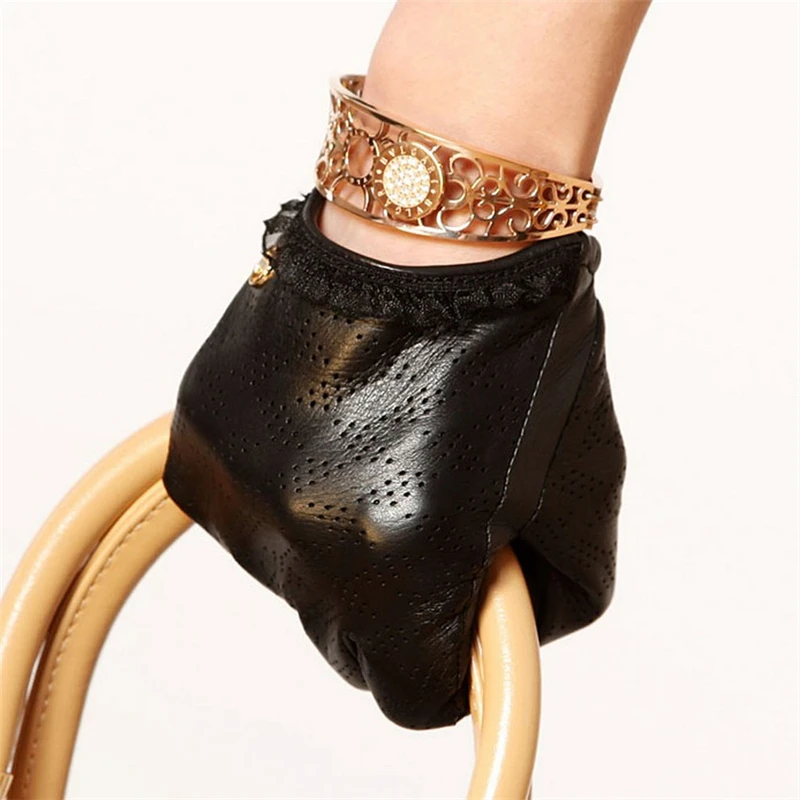 EL006NN  2014 New wrist Genuine leather glovess black solid shorts women winter leather gloves wrist lambskin gloves