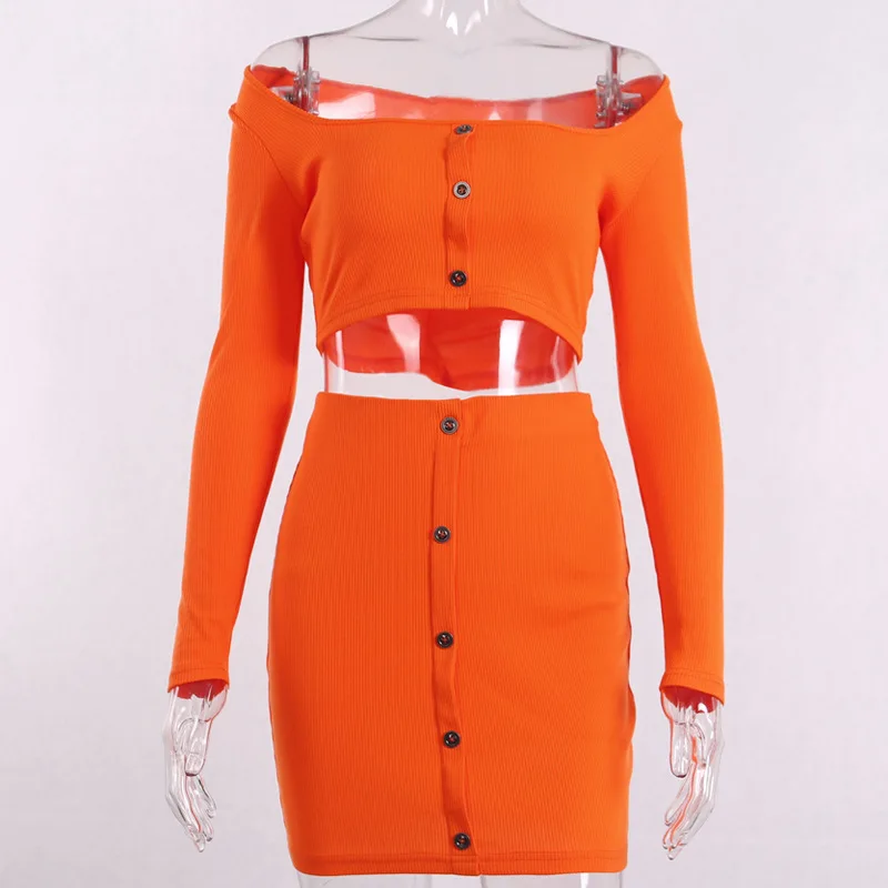 

2019 spring summer girls hot new one shoulder long sleeve tops and skirt womens new design suit with button