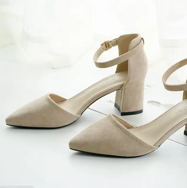 women pumps Word buckle Hollow Suede Single shoes Thick with Pointed Toe High heels women shoes Beige 6CM