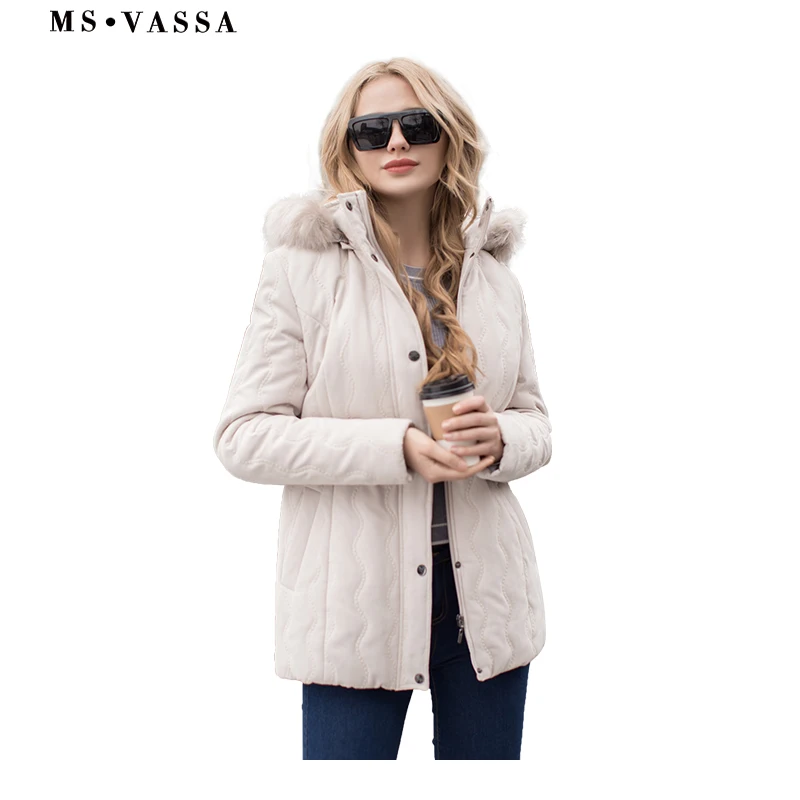 Goede MS VASSA Dames jas Vrouwen micro moss gewatteerde jas Lente Winter turn down kraag afneembare kap plus size S 7XL bovenkleding