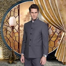Chinese tunic suit mens groom stand collar chinese style mens formal dress male outerwear stand collar black white grey fashion