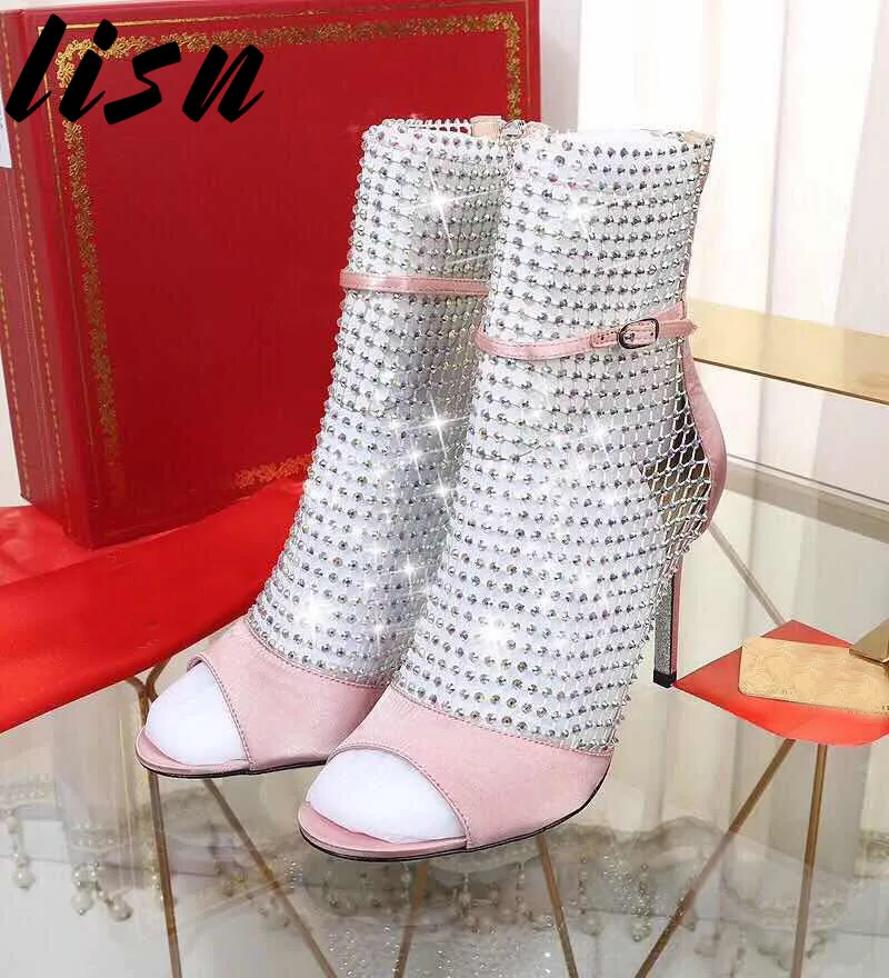

LISN New Quality Satin Crystal Beading HIgh Heel Sandals Open Toe Buckle Strap Summer Party Sandals Brand Designer