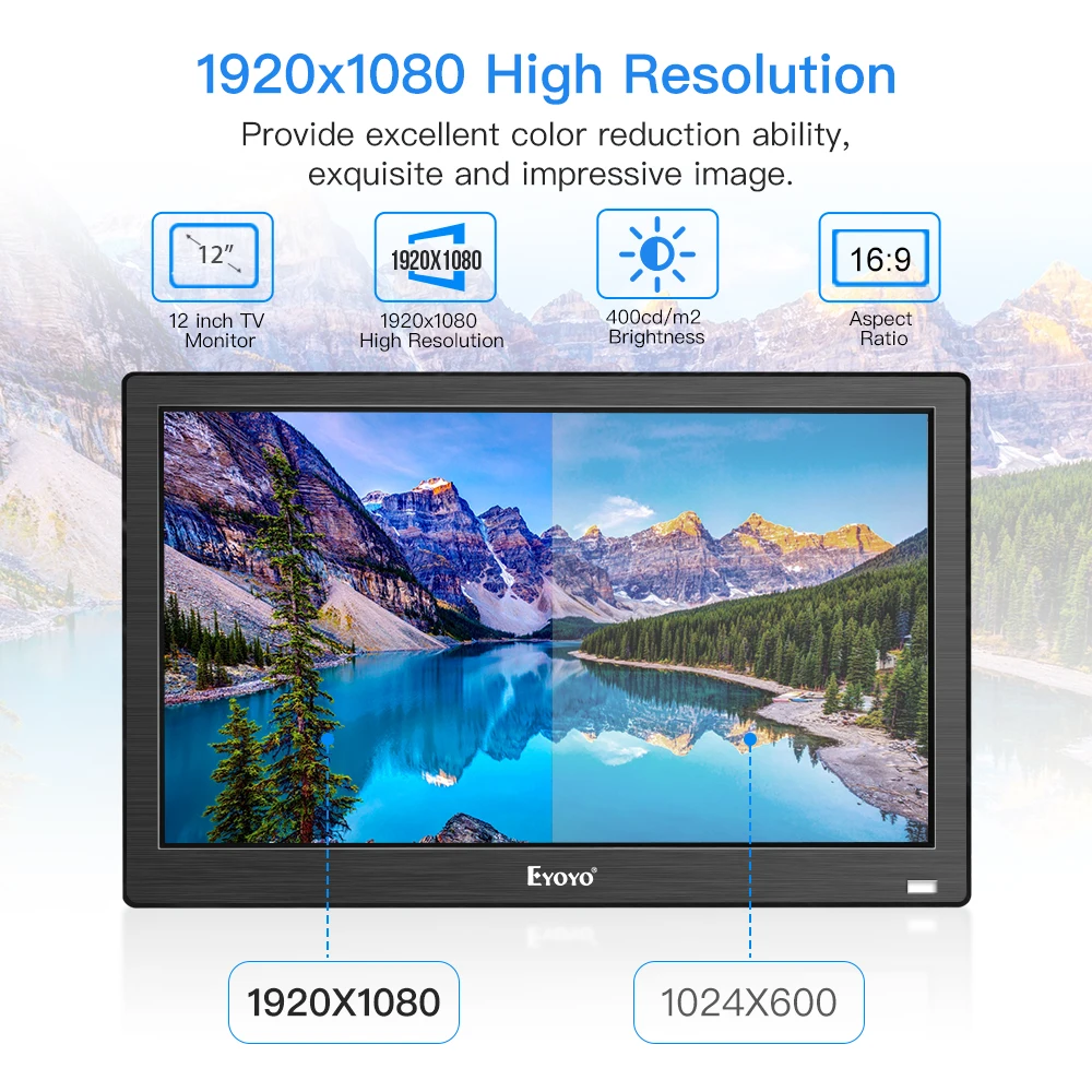 Eyoyo EM12T 12" 1920x1080 HDMI TV Monitor Portable Kitchen TV IPS LCD Screen Display TV/HDMI/VGA/AV/USB Input for PC CCTV Camera