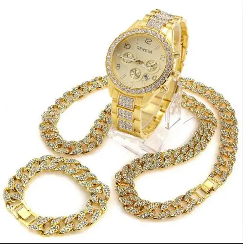 Iced Out часы 1" кубинские звенья цепи ожерелье& 8,5" браслет комплект - Окраска металла: Gold Set