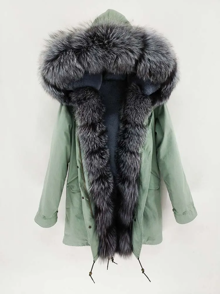 

2019 Winter Jacket Women Real Fur Coat big Natural fox Fur Collar Hooded faux Fur Liner sliver Long Parka high quality fashion