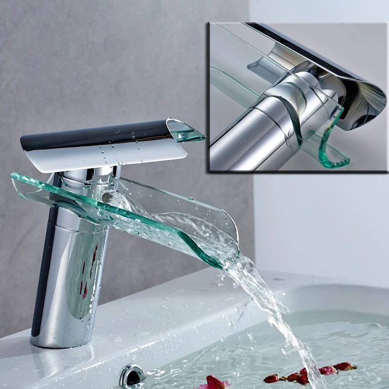 One Handle Single Hole Glass Waterfall Type Brass Basin Faucet In 3 Colors