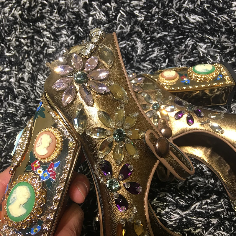 Г., высококачественные винтажные свадебные туфли из натуральной кожи в стиле Лолиты с золотой ручной вышивкой, стразы на высоком каблуке