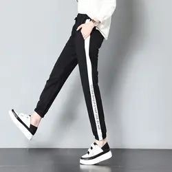 Harajuku Весна женские спортивные брюки повседневные шаровары свободные брюки для уличной моды черные полосатые боковые тренировочные брюки