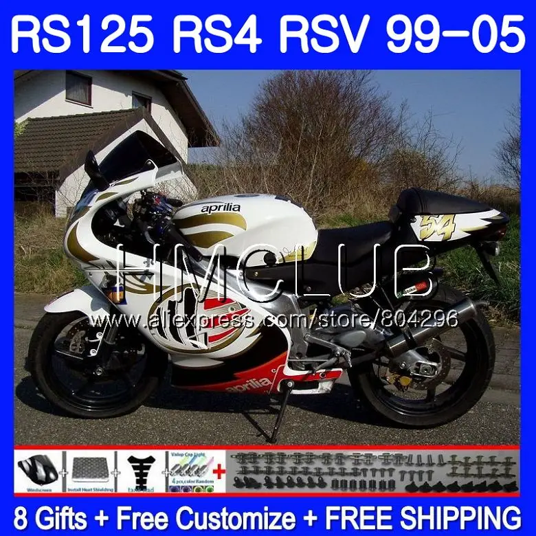 RS4 для Aprilia RS 125 99 00 01 02 03 04 05 122HM. 21 RSV125R RS-125 RSV125 R белый золотой 1999 2000 2001 2002 2003 2005 обтекатели