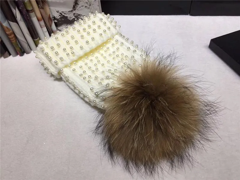 Winter Women's Nature Raccoon Fur Pom Pom Knitted Beanies Rhinestone Beads Pearl Skullies Girls Real Fur Knit Caps  Bonnet Hat 4