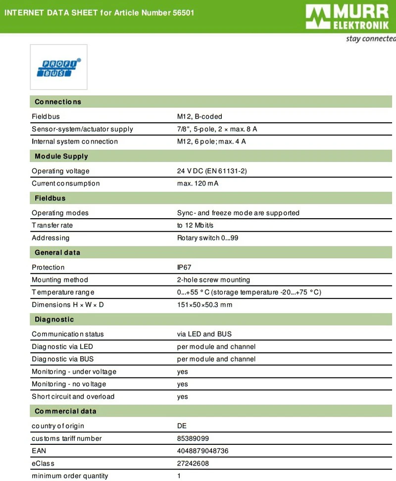 Murr56501 автобус, автобус силовой модуль, OUTPUT24VDC, 8/4A