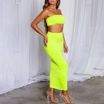 

Fashion Women Strapless Bodycon Crop Top And Maxi Skirt Club Solid Sleeveless High Waist Sexy Two Pieces Set