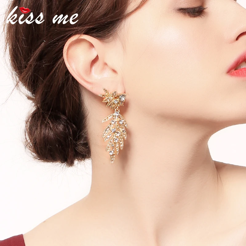 

KISS ME Gold Color Alloy Crystal Plant Leaf Drop Earrings Luxury Brand Sparkling Wedding Earrings for Bride Women Jewelry