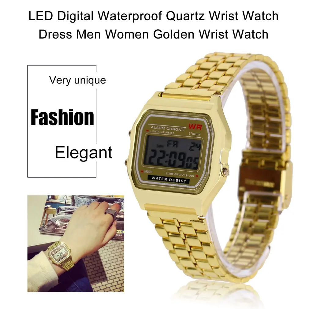 Vintage LED Digital Watch Waterproof Steel Strap Quartz Wristband Golden Dress Wrist Watch For Men Women Sports Traveling GIFTS