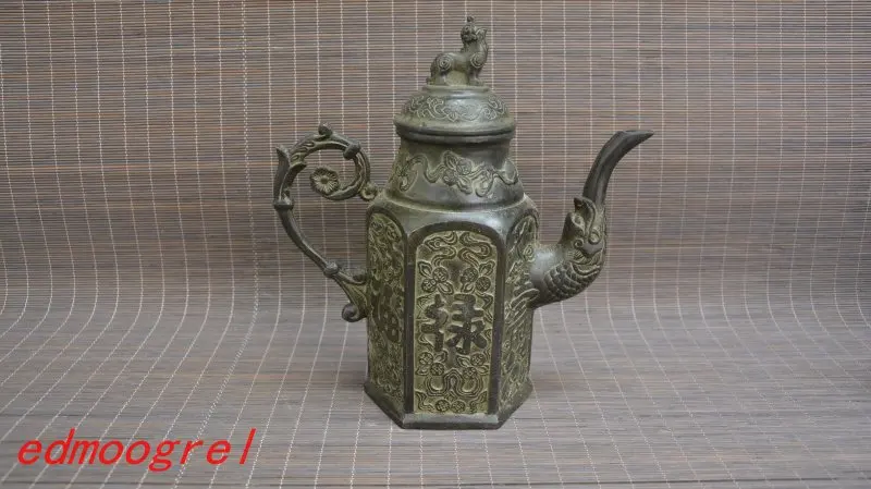 Античный старинный Бронзовый квадратный чайник QingDynasty ручная работа лучшая