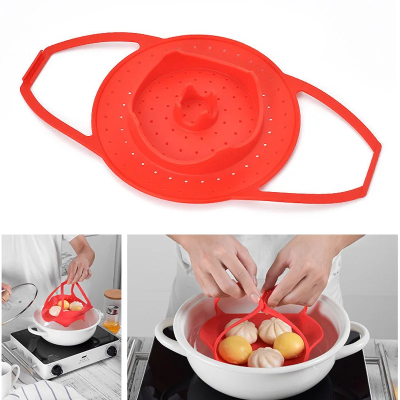 2018 New Red Silicone Steamer Steaming Drain Basket Retractable Foldable Non-slip Bakeware Cooking Tools Collapsible | Дом и сад