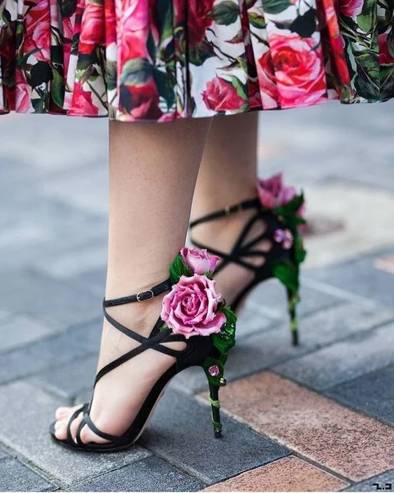 

Flower Decor Crisscross Sandals Hollow Cut Out Open Toe Ankle Buckle T-stage Shoes Runway Party Club Sweet Girl Sandals Handmade