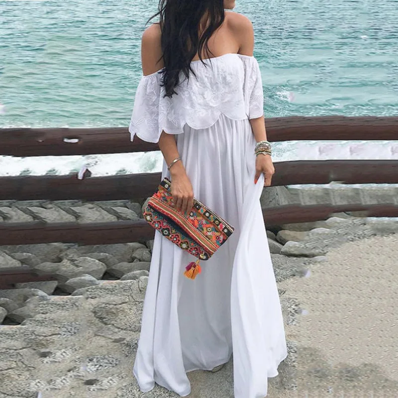 

Sexy Off the Shoulder Bohemian Maxi Dresses for Women Slash Neck Summer Beach Dresses Elegant Party White Vestidos