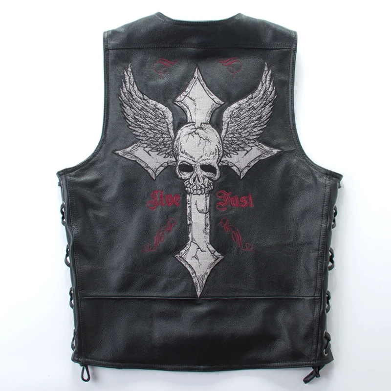 

2017 Men Black Skull Cross Embroidery Leather Vest Plus Size 4XL Slim Fit Short Leather Biker Vest Factory Direct FREE SHIPPING