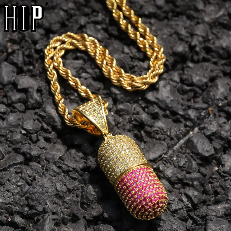 

Hip Hop Bling Iced Out Micro Paved AAA CZ Stone Cubic Zirconia Pill Capsule Pendants & Necklaces For Men Jewelry
