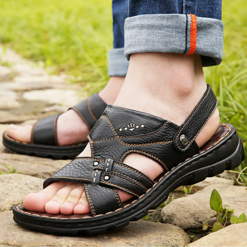 

Genuine leather Men Sandals Elastic band Casual Beach Shoes for Man 2019 Fashion Summer Shoe Sapato masculino