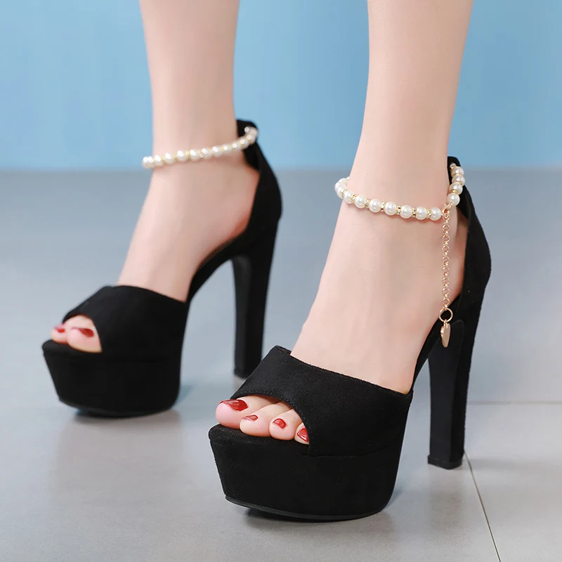 

Woman shoes string bead platform Sandals buckle High Heels shoes flock Slides summer hollow Peep toe Pumps zapatos mujer black