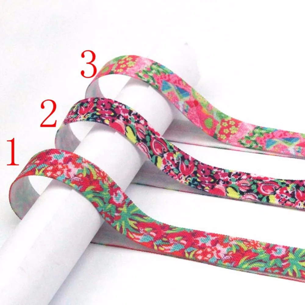 

100yards/lot 5/8" heat transfer flower flora printed foe fold over elastic for girl hair ties accessories welcome custom