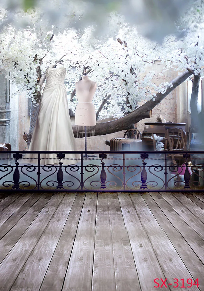 Happy Wedding Female Dress White Flower Photography Backdrops Wood