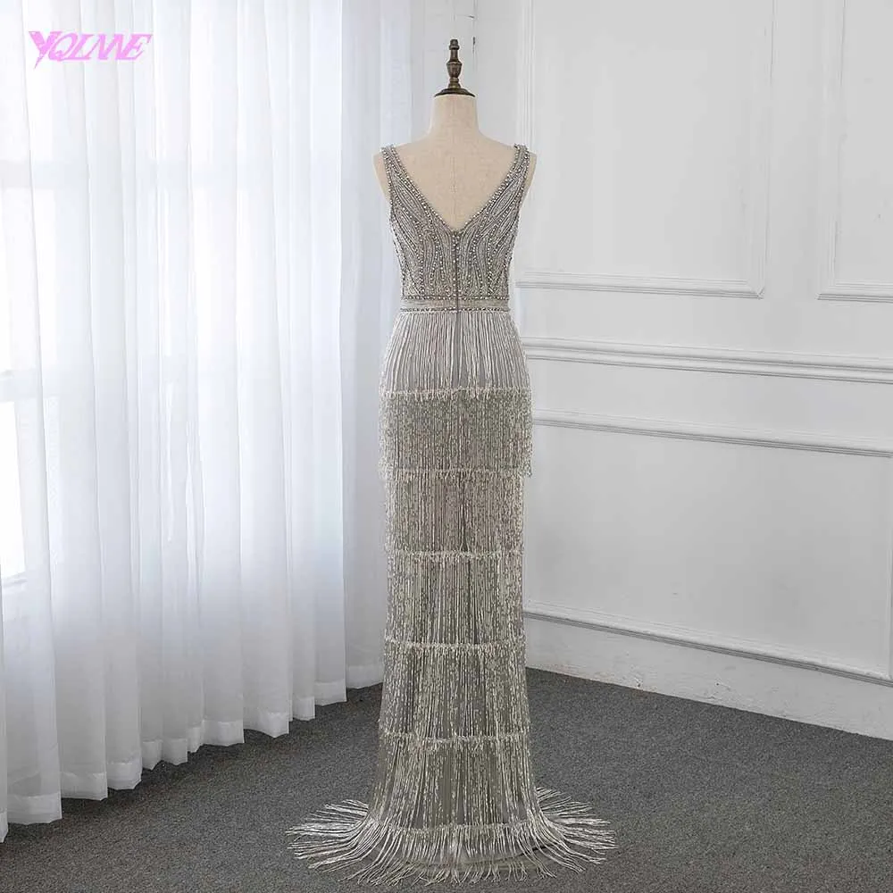 Luxury Sliver Rhinestones Evening Dresses Long Deep V-neck Mermaid Formal Gown Sleeveless YQLNNE